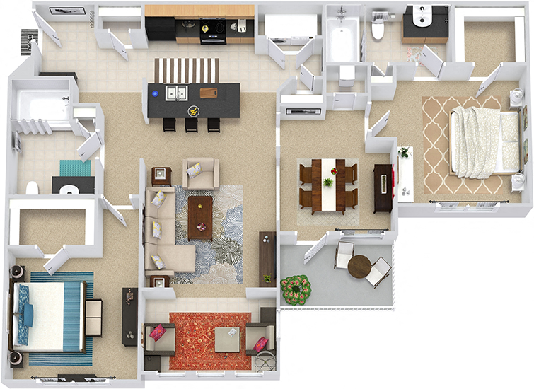 Floor plan for 2 beds, 2 baths, 1243 sqft